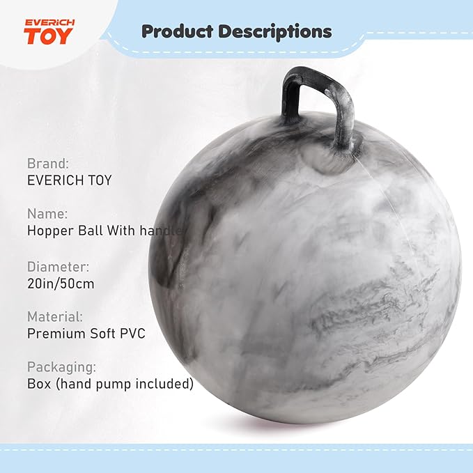 EVERICH TOY Hopper Ball for Kids, 20In Ride On Bouncy Balls with Handle, Grey Clouds Girls Boys Toys for Indoor Outdoor Active Play, Beat Inflatable Christmas Boys Girls Gifts for 7 8 9 10 11 12 Yr