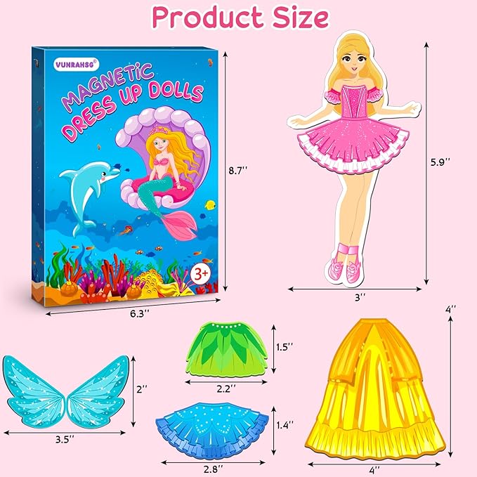 Magnetic Dress Up Dolls Girls Toys Princess Mermaid Fairy Ballerina Fridge Magnets Puzzles Toddlers 3-5 Pretend Play Car Road Trip Airplane Travel Games Activity Birthday Gift 3 4 5 6 7 8 Gilr Boy
