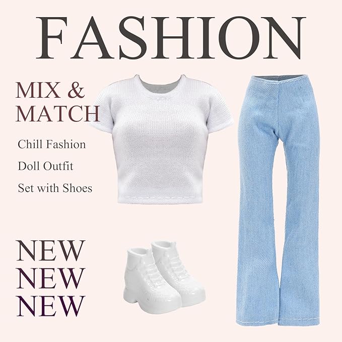 15 Pirces 11.5 Inch Girl Doll Clothes & Accessories Including 5 Colorful T-Shirt, 5 Denim Pants Jeans, 5 Pairs of Sneakers for Girl Dolls Casual Outfit Accessories