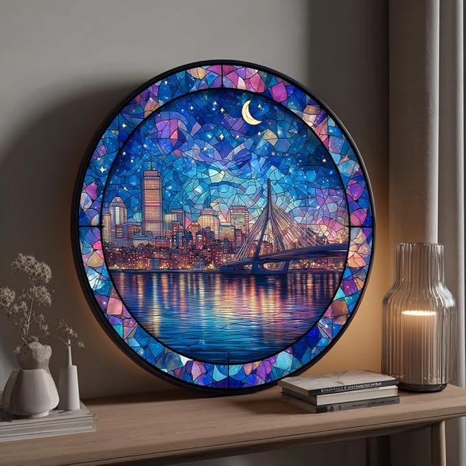 Bgraamiens 1000 Piece Jigsaw Puzzles for Adults – Stained Glass Boston Skyline – Moonlit City View with Bridge and Reflections – Artistic Nighttime Challenge Gift