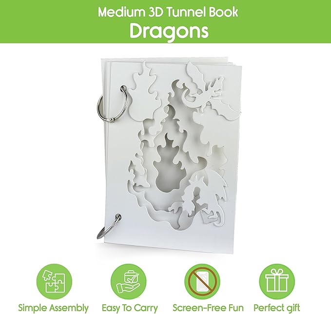 EyeConnect Crafts Make Your OWN 3D Tunnel Book - Dragons | Medium Size DIY Book Art & Craft Kit | Build, Paint & Draw Your Own Book with Mini Animals | Award-Winning STEAM Stationary Set | Ages 3+