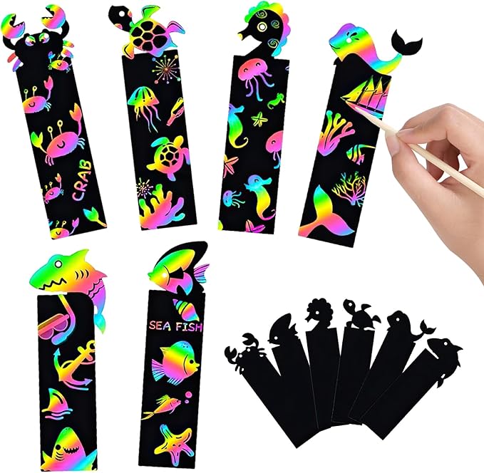 60PCS 6Style Scratch Paper Art Bookmarks Magic Scratch Rainbow Bookmarks Making Kit DIY Bookmarks Bulk with Scratching Tools Ribbons for Party Favors Activities
