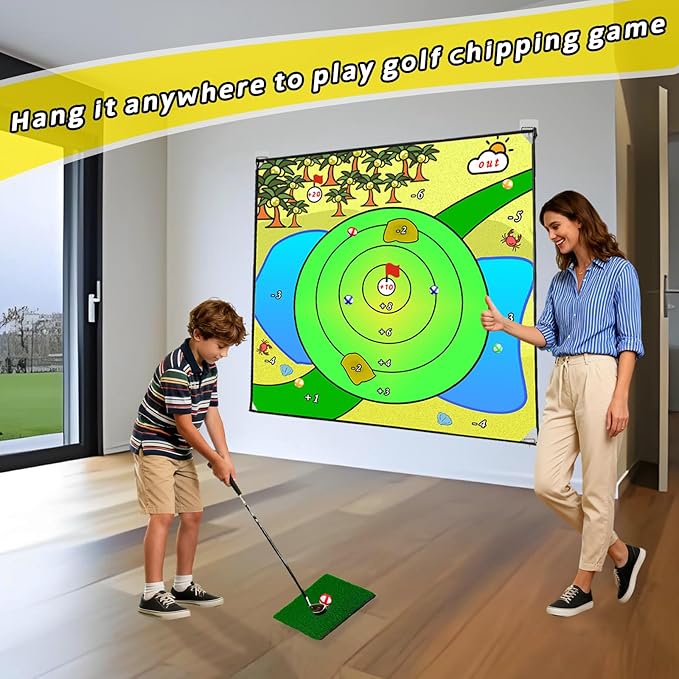 Battle Golf Indoor Chipping Game,57”x57” Portable Chipping Mat,Indoor Outdoor Sticky Golf for Adults and Junior Golfer Training Practise,Friends Family Yard Target Game