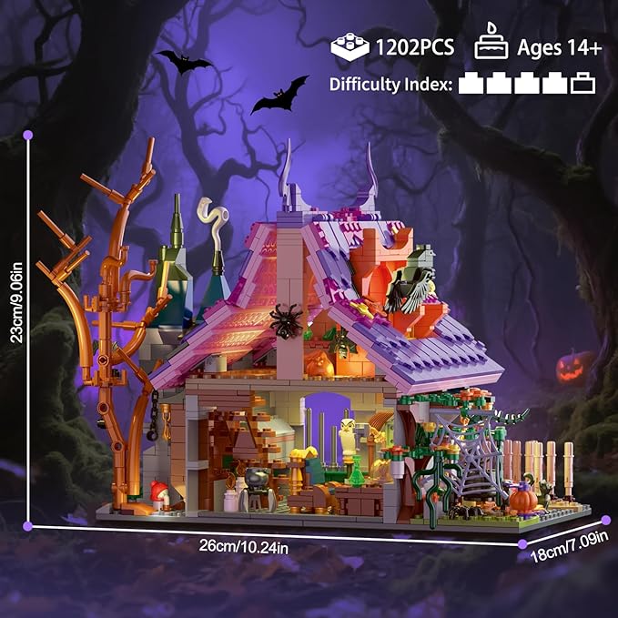 Magic House Set for Witches and Witches Building Set with Lights, Over 1200 Halloween Haunted House Building Blocks for Kids and Adults 14 Halloween and Christmas (The Magical Retreat of The Witch)