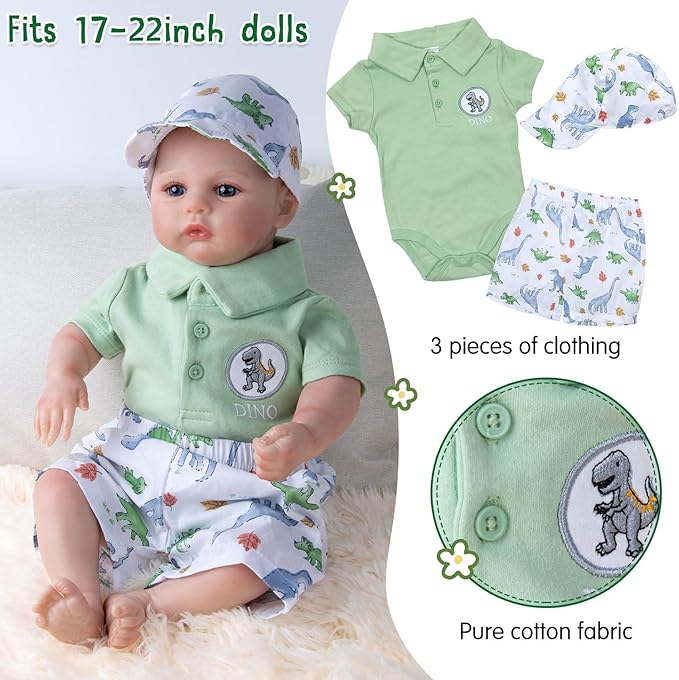 11 Pcs Reborn Baby Doll Clothes Boy Dinosaur Outfit Accessories for 17-22 Inch Reborn Boy Dolls 20 Inch Newborn Baby Boy Clothes Green Accessories with Backpack