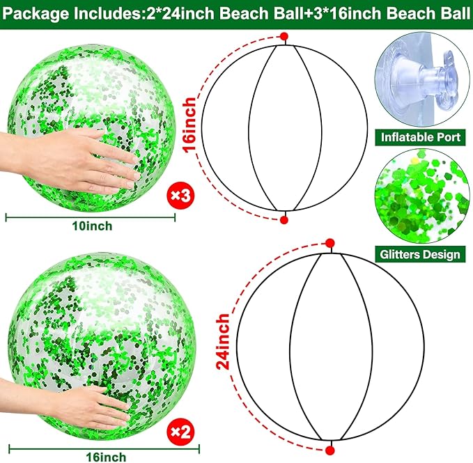 5 Pack Inflatable Glitter Beach Balls St Patricks Party Decoration 24 Inch 16 Inch Pool Toys Balls Glitters Inflatable Clear Beach Ball Swimming Pool Water Beach Toys Outdoor St Patricks Party Favors