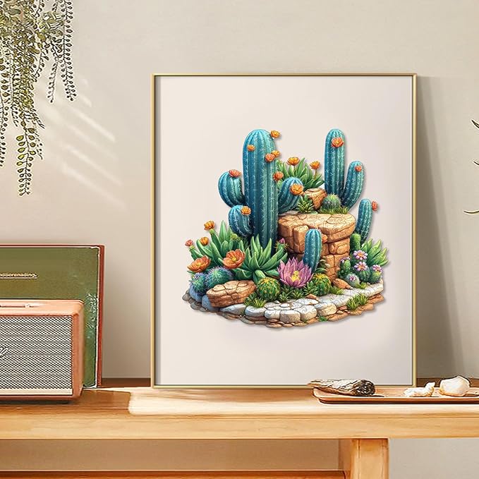 Delobil Succulent Cactus Wooden Puzzles for Adults, 200 Pieces Jigsaw Puzzles, Unique Shaped Medium Size Liberty Wood Puzzle Gift for Adults and Kids, Family Game 11.2'' x 10.8''