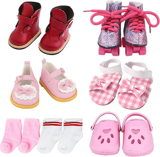 18 inch Doll Shoes - 5 Pairs of Different Types (Boots/Roller Skates/Sandals/Clogs) + 2 Pairs of Pink/White Socks 18 in Doll Accessories 18‘’Pink American Doll Accessories