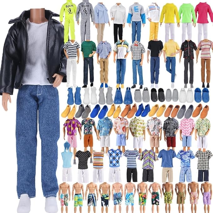E-TING 10-Item Fantastic Pack = 5 Sets Fashion Casual Wear Clothes Outfit for boy Doll with 5 Pairs Shoes (Leather Jacket + Casual Wear Clothes + Swimwear)