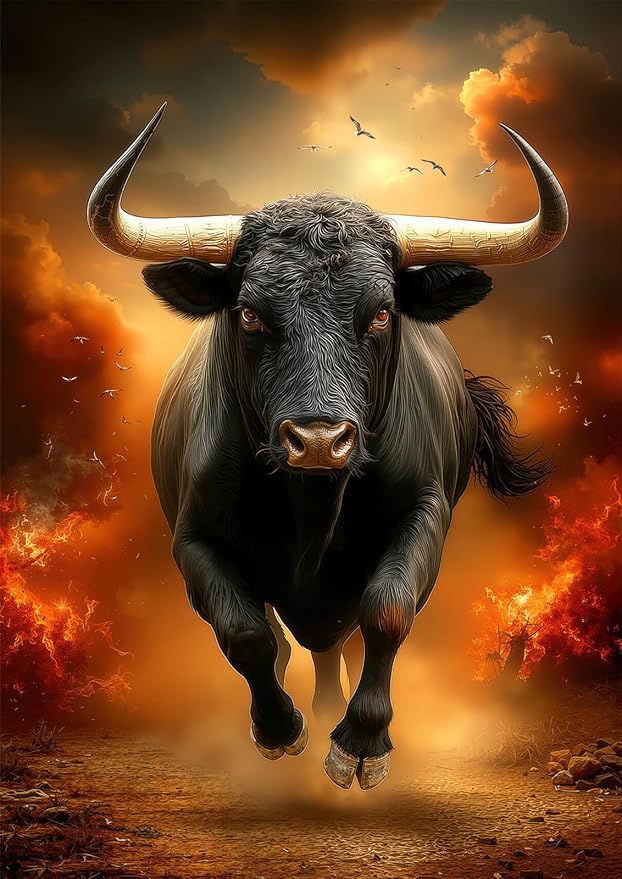 Fiery Black Bull 1000 Piece Puzzle for Adults - Powerful Bull with Golden Horns & Flaming Sky Art, Poster & Lettered Back, 20"x28" HD, Gift for Strength & Animal Lovers