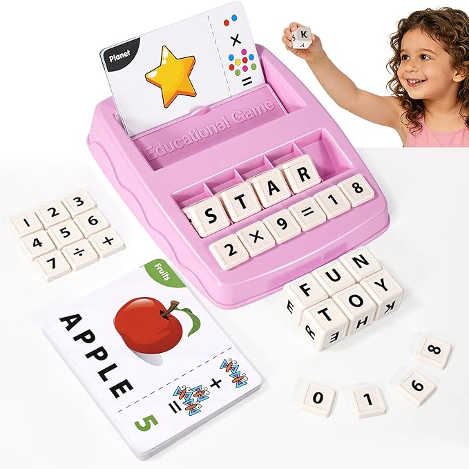 Educational & Learning Toys for Kids, 3-8 Years Old Matching Games with Letter & Math Flash Cards, Christmas Birthday Gifts for Preschool Boys Girls Grandkids- Pink