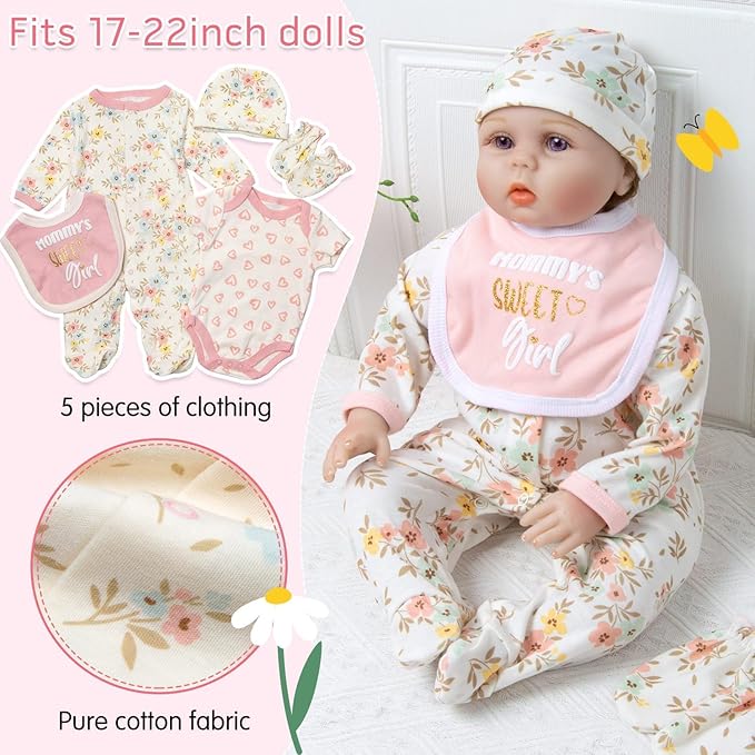 13 Pcs Reborn Baby Doll Clothes with Bassinet Pacifier Diaper fit 17-22 inch Reborn Dolls Cute Pink Baby Doll Clothes Accessories Set