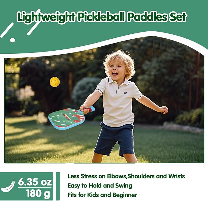 Kids Pickleball Paddles Set of 2,Lightweight,Durable,Waterproof,Ergonomic Grip for Small Hands,Toddler Beach Pool Backyard Outdoor Game Toy-Birthday Gift for Boy Girl, Beginner
