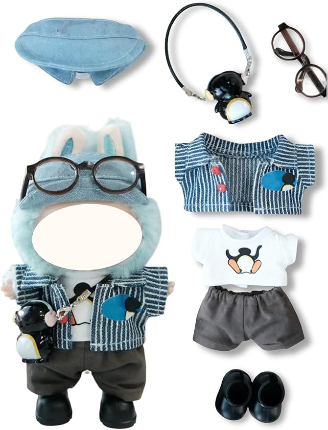 Clothes for 17cm Doll, 5 pcs Set Doll's Outfits Luxury Dress Shirt Pants Headset Shoes Accessories Fashion Stylish Adorable Dolls Clothes (No Doll) (Penguin Stripe Blue)