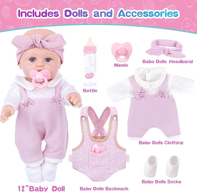 BDDOLL 12'' Baby Doll Playset with Clothes and Dolls Carrier Accessories Included Baby Carrier, Bottles, Nipple, Socks, Headbands