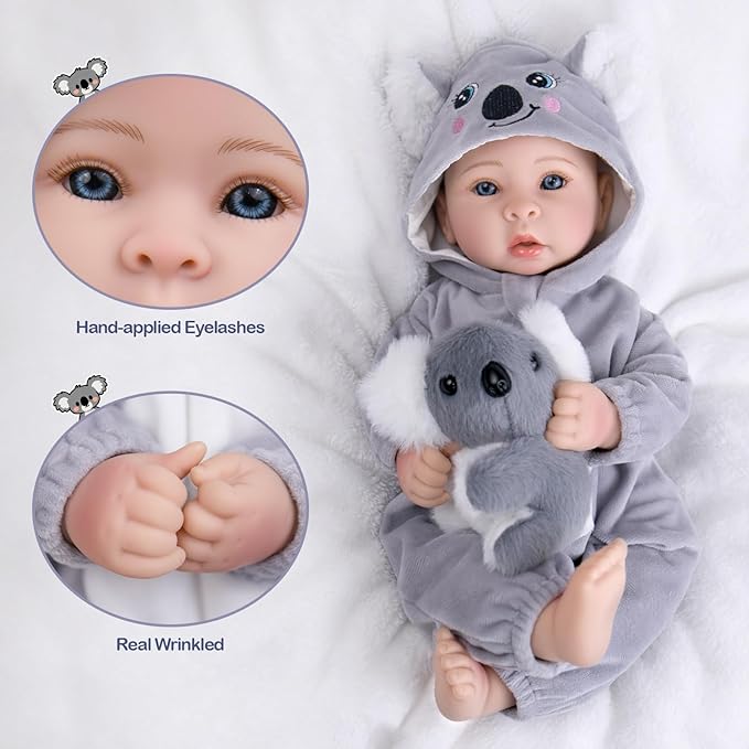 Aori 17 Inch Lifelike Baby Dolls Realistic Doll with Real Life Lightweight Soft Body & Grey Outfits, for Girls 3+ Role Play, Adoption Day, Photography Prop, Collectible