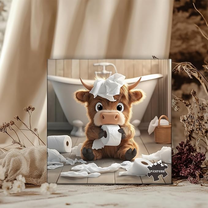 Highland Cow Puzzles for Adults 1000 Pieces,Cute Cow Jigsaw Puzzle, Funny Bathroom Calf Puzzles, Challenging Animal Theme as Wall Decor