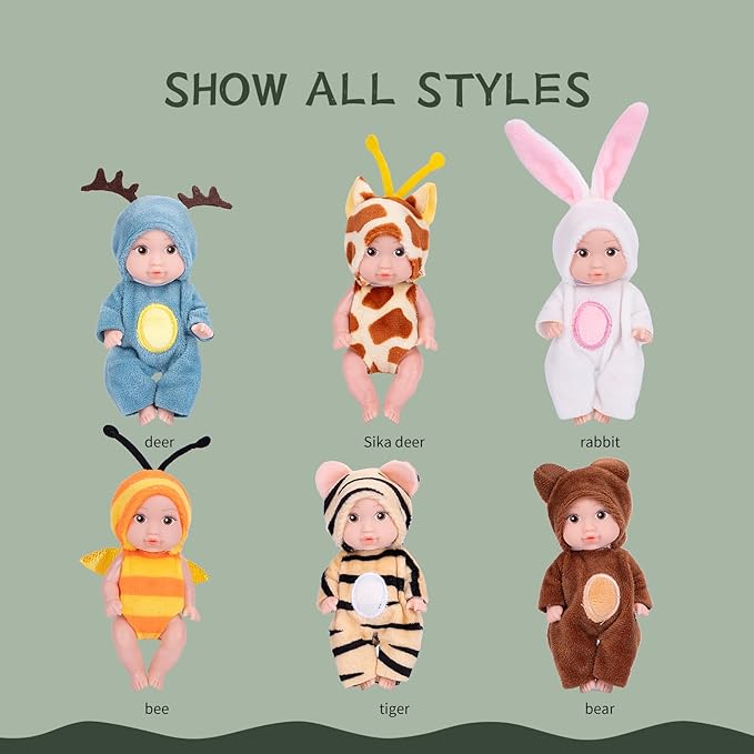 Vueos 6PCS 4inch Mini Dolls Set - Baby Doll with 6 Animal Outfits & Accessories, Reborn Baby Dolls for Kids Role Play, Perfect Birthday for Children Ages 3+