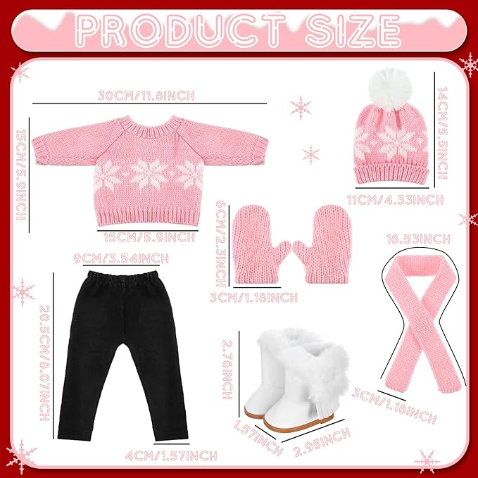 Bencailor 6 Pcs 18 Inch Christmas Doll Clothes and Accessories Winter Outfits Set Sweaters Trousers Hats Shoes Gloves for 18 Inch Doll Gifts(Pink White)