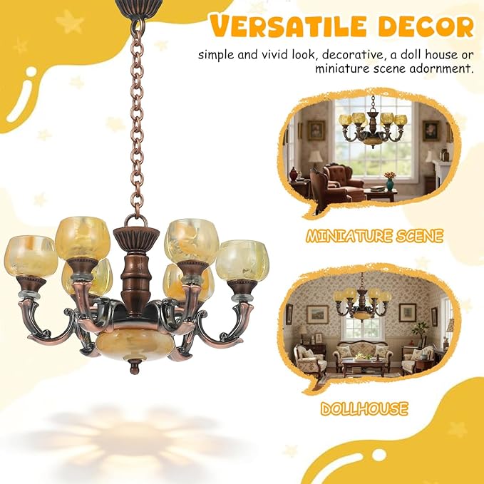 Garneck Dollhouse Chandelier Lights: 1/12 Scale Miniature Ceiling Lamp Vintage Mini Pendant Light Furniture Decor Gift for Kids Girls DIY Lovers Doll House Decoration Accessories