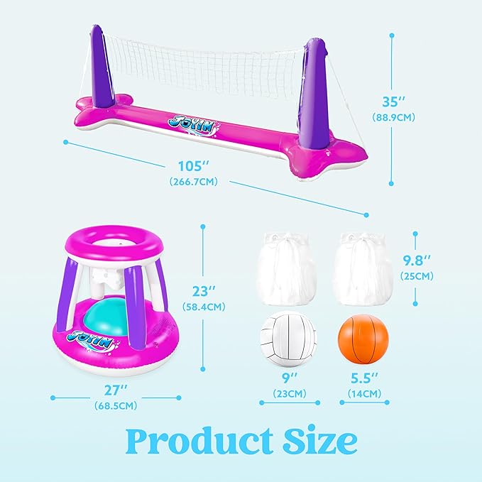 JOYIN Inflatable Pool Float Set Volleyball Net & Basketball Hoops, Floating Swimming Game Toy Floaties for Kids and Adults Volleyball Court (105”x28”x35”)|Basketball (27”x23”x27”),L-Pink Purple