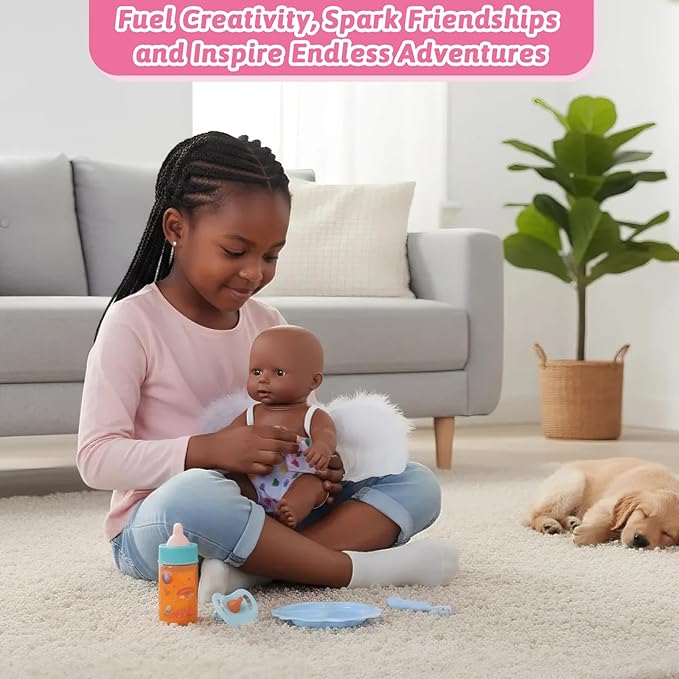 CARANOVO Baby Doll Accessories Set – 7 Pcs Feeding Bottle Toys, Magic Disappearing Milk & Juice, Pretend Play Set with Pacifiers, Reusable Bibs and Diapers, Kids Gift