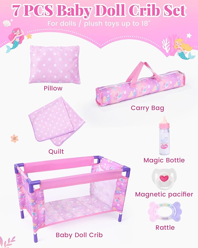BABESIDE Baby Doll Crib Playset with Bedding & Accessories, Portable Baby Doll Crib for 18 Inch Dolls, Pretend Play Gift for Girls