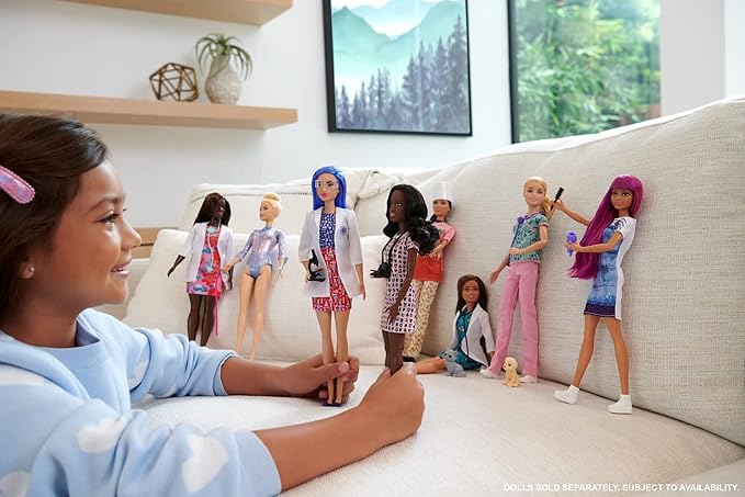 Barbie Careers Fashion Doll & Accessory, Scientist with Blue Hair Wearing Lab Coat & Flats with Microscope