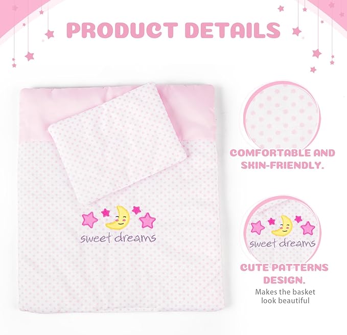 BABESIDE 2 Pcs Baby Doll Bedding Set for 12-15 Inch Dolls, Pink Polka Dot Baby Doll Blanket and Pillow Set with Cute Moon & Stars Pattern for Realistic Babydoll Accessories