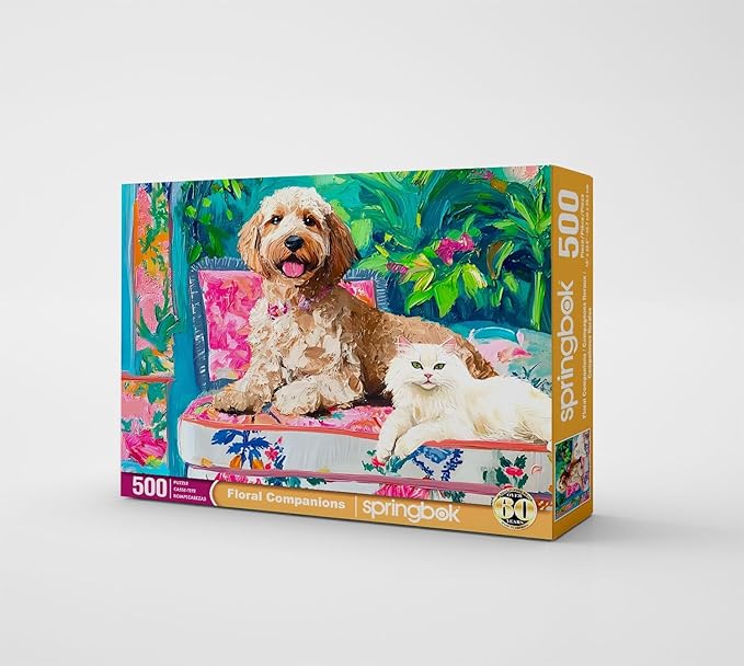 Springbok Floral Companions 500 Jigsaw Piece Puzzle for Adults - Dog and Cat Puzzle - Unique Cut Pieces - Made in USA