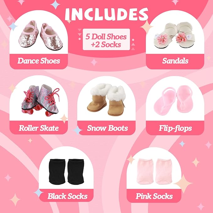 18 inch Doll Accessories, 5 Pairs of Doll Shoes+2 Socks 18” Doll Shoes Includes Snow Boots/Roller Skates/Sandals/Flip-Flops/Dance Shoes/Pink/Black Socks for American Doll Boy or Girl Dolls