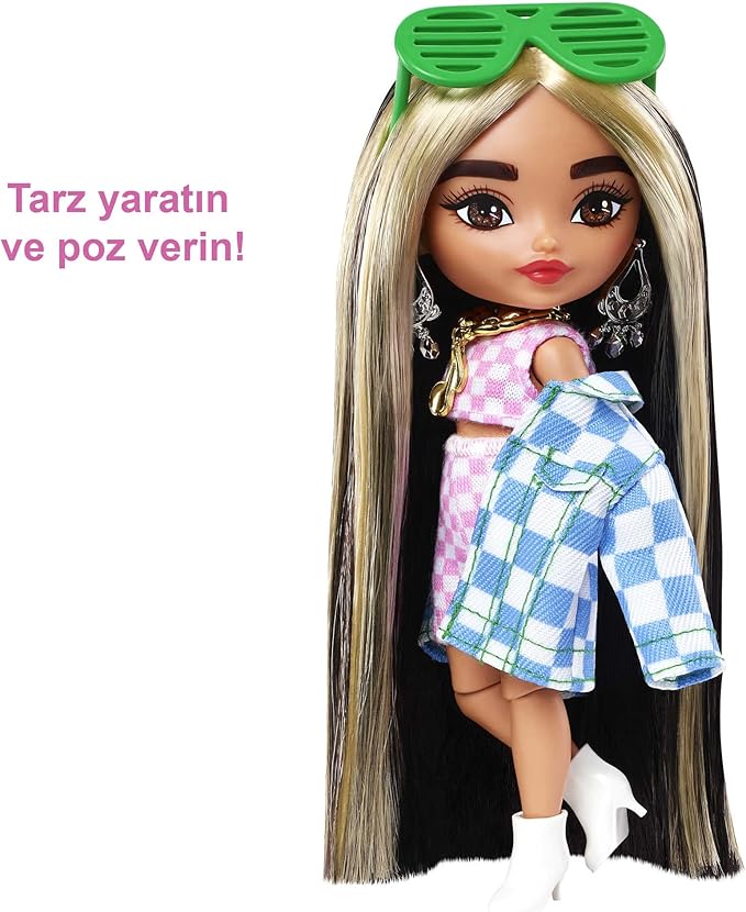Barbie Extra Minis Doll #2 (5.5 in) Wearing Checkered 2-Piece Fashion & Jacket, with Doll Stand & Accessories Including Shutter Sunglasses and Boombox, Gift for Kids 3 Years Old & Up