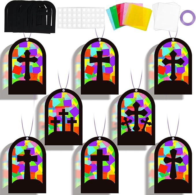 QOUBAI 32 Sets Cross Suncatchers Craft Kit DIY Religious Window Stained Glass Effect Christian VBS Paper Hanging Ornament Kid Easter Sunday School Birthday Gift Creative Art Project Activity Game