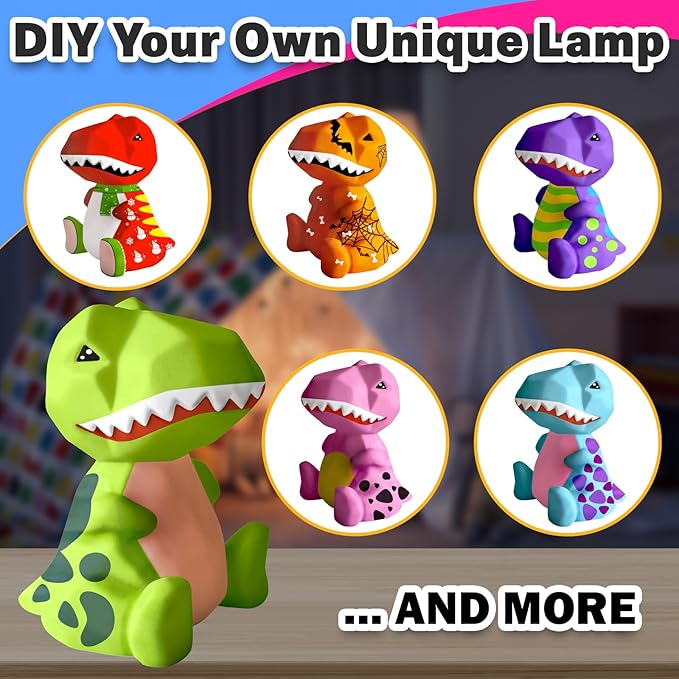 FUNZBO 4.3in Paint Your Own Dinosaur Lamp Kit - Easter Basket Stuffers, Arts and Crafts Supplies Painting for Kids Teens, DIY Night Light Dinosaur Toy for Boy Girl 3 4 5 6 7 8 9 10 11 12 Birthday Gift