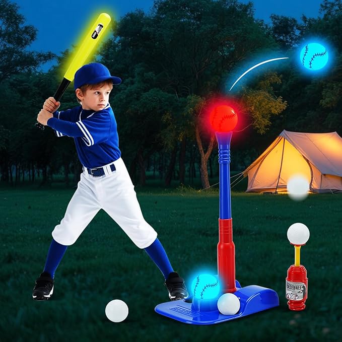 2 in 1 Glow In The Dark T Ball Sets for Kids 3-5 5-8,Light up Tee Ball Set with Automatic Pitching Machine/Adjustable Glow Batting Bat & Stand/6 Balls /2 Glow Balls, Baseball Toys for Toddlers Boys