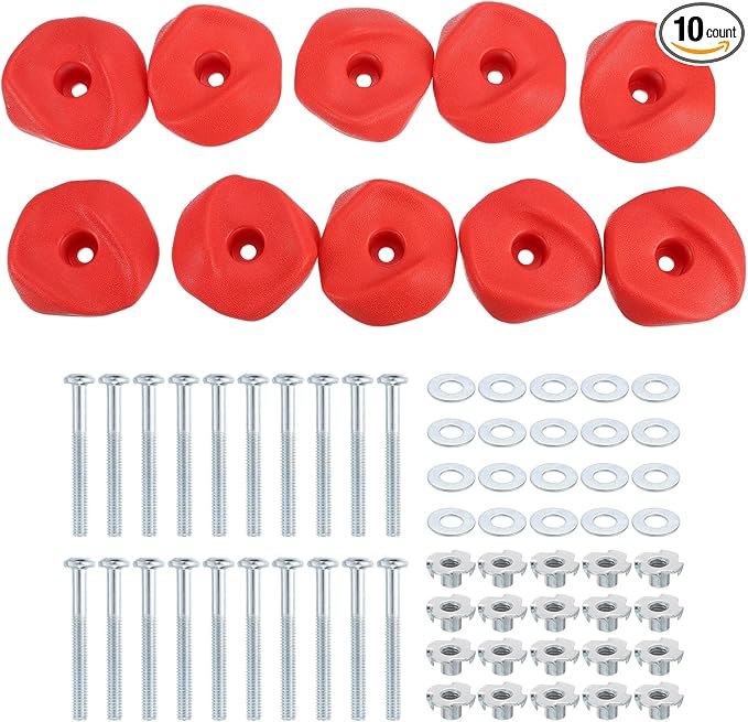 PATIKIL Rock Climbing Holds, 10 Pcs Climbing Rock Wall Grips Play Set Climber Attachments with Single Holes for Playground Accessories Indoor Outdoor Tree Training, Red A