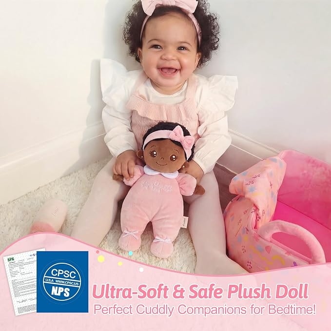 OUOZZZ 10" Black Baby Doll for 2 Year Old Girls Set with Soft Doll, Bassinet, Blanket and Bottle, Interactive Pretend Playset for Social Emotional Learning, Birthday Gift for 2 Year Olds Girls