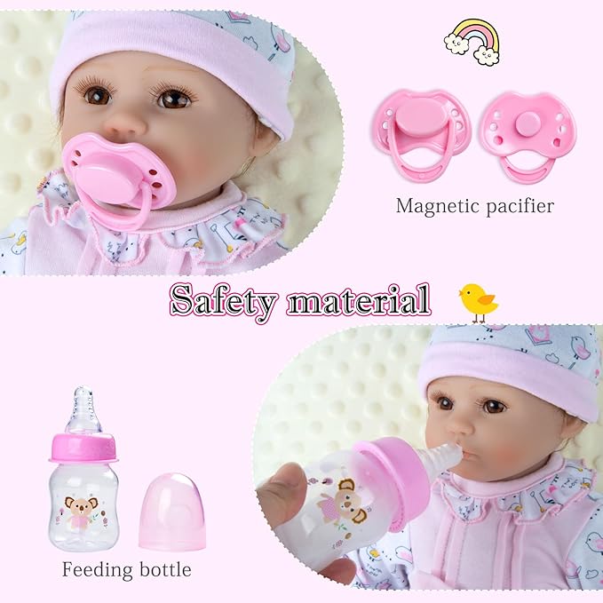 PEDOLLTREE 11 Pcs Reborn Baby Dolls Clothes Girl Pink Chick Outfit Accessories for 16-18 Inch Reborn Doll Newborn Girl with Pink Heart Bassinet