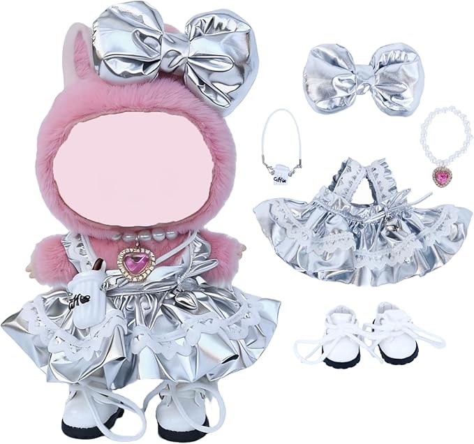 17cm Doll Clothes Sets(No Doll) Sliver Dream Dress Outfits Handcrafted Designer Clothing Including Dress,Shoes,Bow Hair Accessory,Coffee Decoration and Necklace
