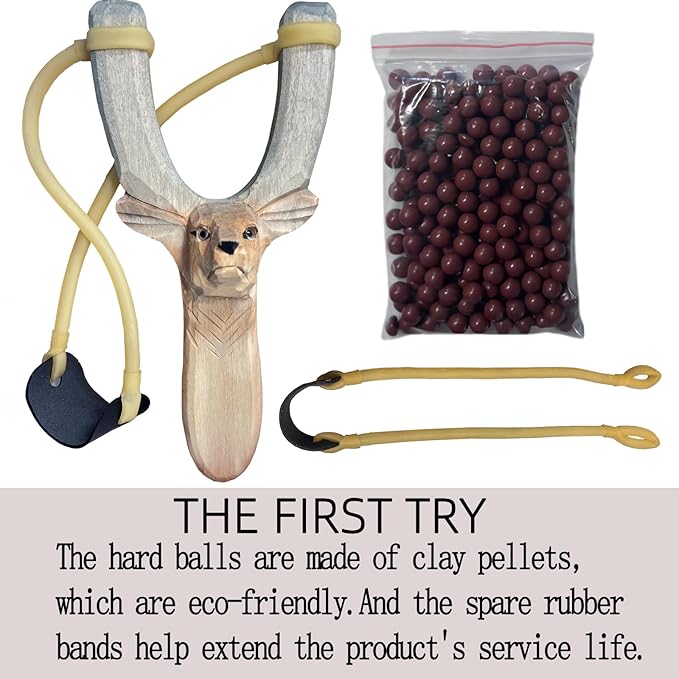 LINJAY Wooden Slingshot with Personalized Carvings, Clay Balls & Pompoms, for Indoor/Outdoor Games, Hunting, Suitable for Adults & Kids