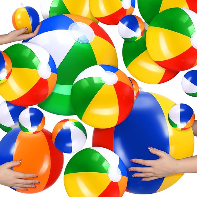 Sratte 20 Pcs Inflatable Beach Balls Bulk, Multiple Sizes Summer Swimming Pool Balls for Adults Hawaii Luau Party Supplies(Rainbow,Classic)
