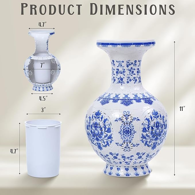 3D Puzzle Vase for Adults with LED Light, 200 Curved Pieces DIY Flower Vase Craft Kit, Creative Jigsaw Art Project Home Décor Centerpiece (C-Blue & White Grand)