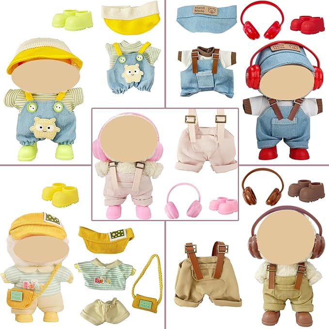 Ezcora 17cm Doll Clothes Overalls Outfit Set, Include 5 Styles with Hats, Headphones, Shoes and Bag, Cute Dress Up Accessories for Doll Play and Display, (No Dolls)