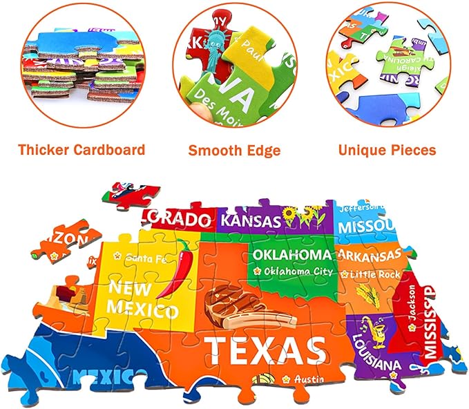 United States Map Puzzle for Kids Ages 6-8 8-10 10-12 - 200 Piece Floor Jigsaw with Poster - Educational USA Geography Jigsaw with 50 States & Capitals - Large Map Puzzle STEM Gift for Boys and Girls