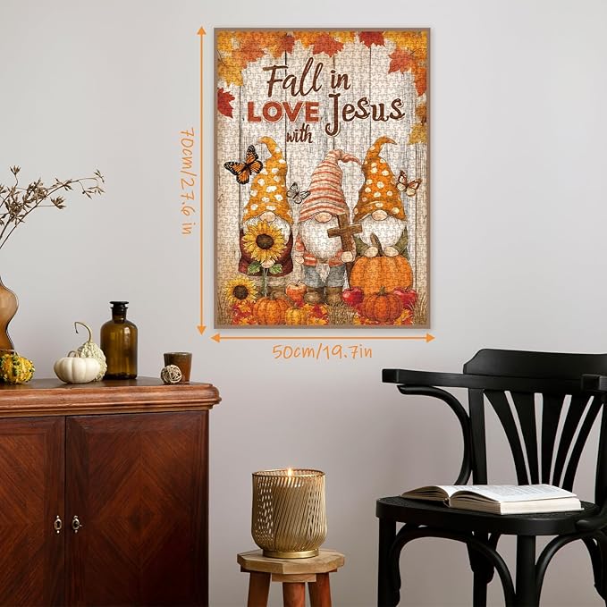 Fall Autumn Thanksgiving Puzzle for Adults 1000 Pieces, Christian Religious Jesus Jigsaw Puzzle, Gnome Pumpkin Sunflower Butterfly Scripture Bible Cross Puzzle