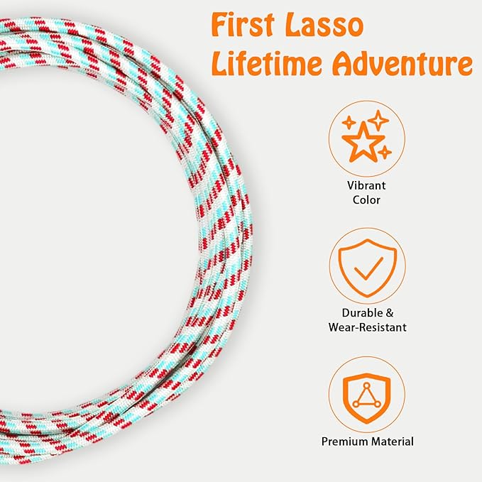 Cowboy Lasso Rope for Kids with Pre-Tied Loop, 20' - 9mm Unwaxed Lariat Roping Rope Toy for Indoor Outdoor Western Play & Costume Prop (Red Light Blue)