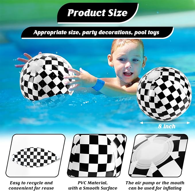 8PCS Race Car Checkered Flag Beach Ball Set – 8" Vibrant Black & White Themed Beach Balls for Kids’ Racing Birthday Parties, Summer Pool Games, End of Year Class Decorations, Bulk Party Favors