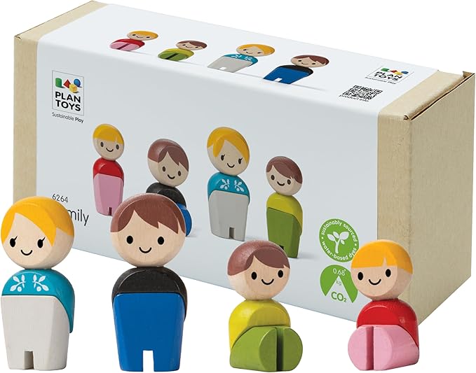 PlanToys® Family Wooden Dollhouse Figurine Set | 4 Poseable 1:12 Scale Mini Dolls (Parents & Kids) | Dollhouse Accessories for Pretend Play | Eco-Friendly Montessori Toy for Kids Ages 3+
