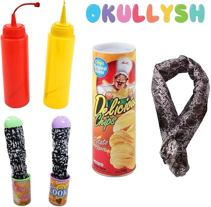 5pcs Snake in a Can + Ketchup Mustard Set + Potato Chip Fake Snake Prank Kit for Adults & Kids | Funny Jokes for April Fools & Parties