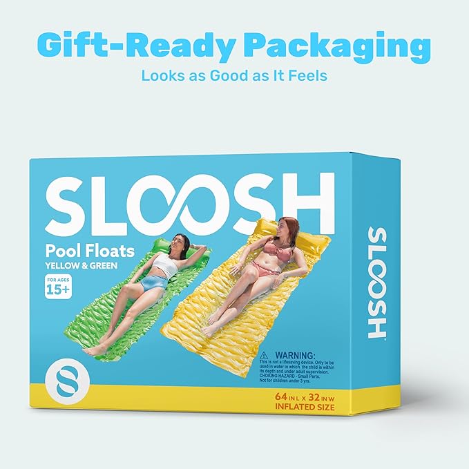 SLOOSH Inflatable Pool Floats Raft,Floating Lounge for Adults,64x32 inch Swimming Mat Pool Mattress with Headrest,2 Pieces Float Air Mat for Summer Water Beach Fun